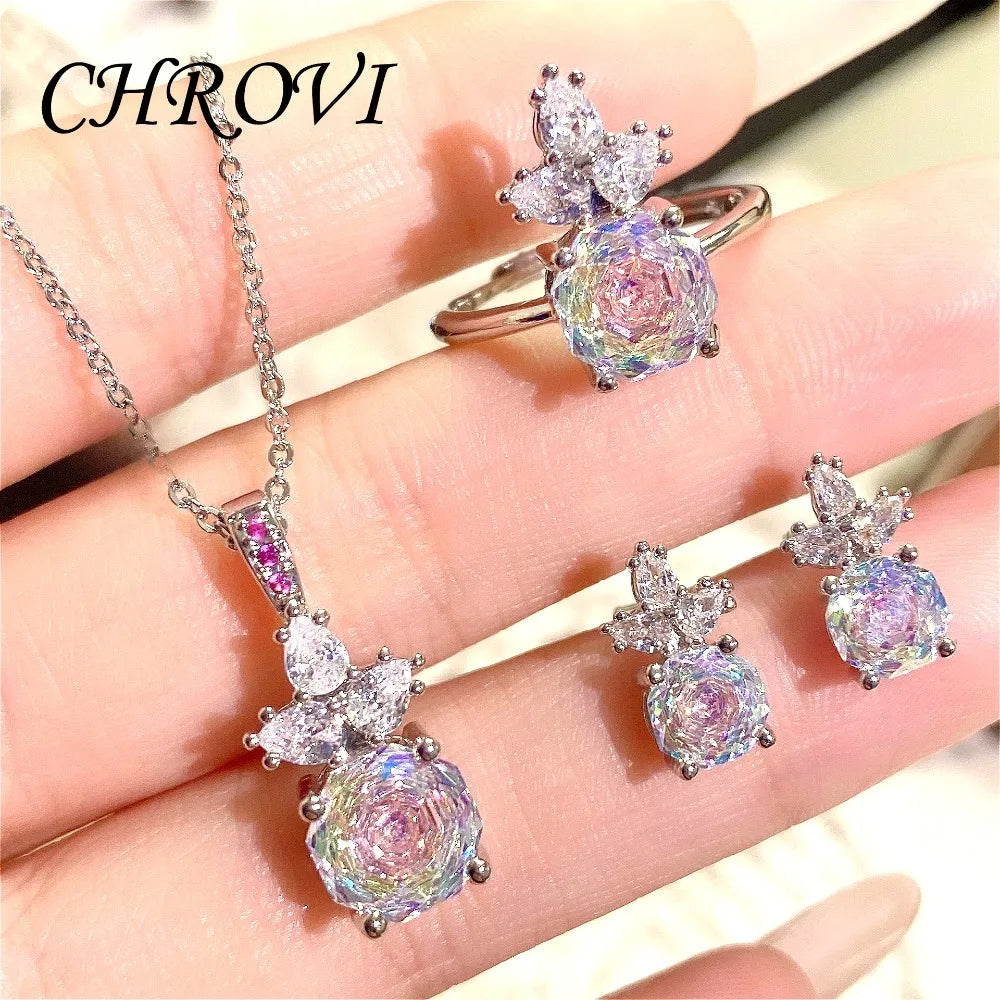 Luxury 925 Sterling Silver Millennium Rose Diamond Pendant Necklace, Diamond Ring and Stud Earring Set
