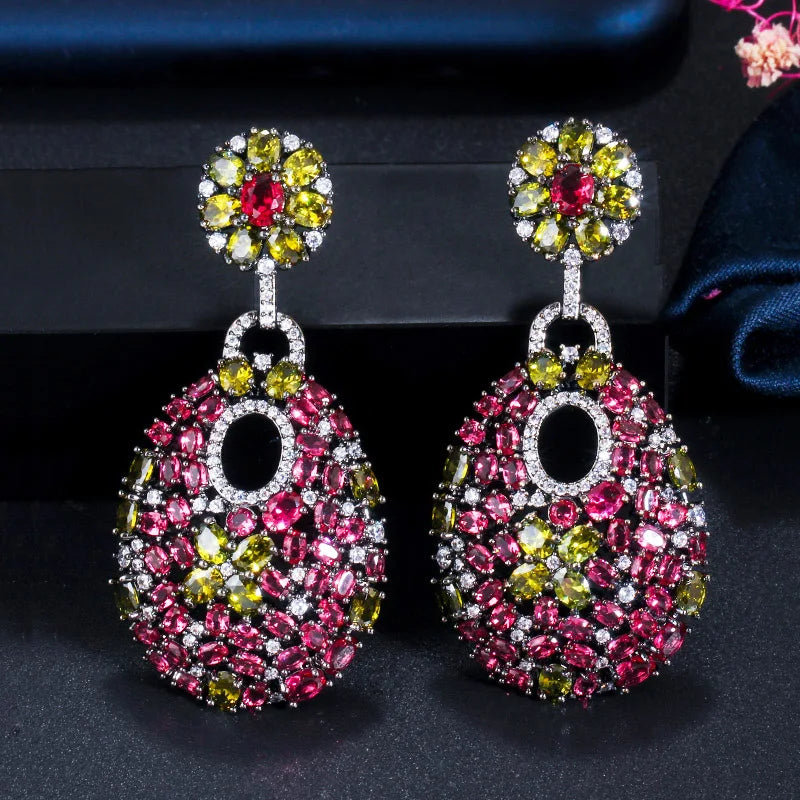 ThreeGraces Vintage Elegant Rose Red Zirconia Long Geometric Drop Earrings for Women Trendy Luxury Wedding Party Jewelry E2106