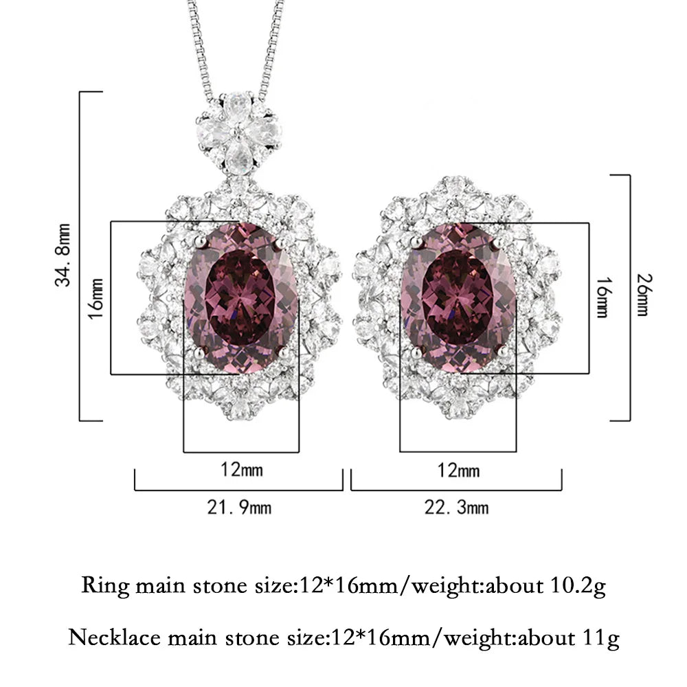 New Vintage 12*16mm Amethyst  Pink Quartz Pendant Necklace Rings for Women Gemstone Lab Diamond Party Jewelry Sets Birthday Gift