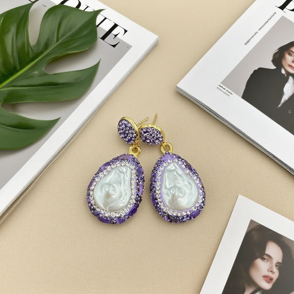 Water Drop Baroque Pearl Purple Crystal Set Handmade Three Piece Set of Rhinestone French Antique Jewelry for Women Wedding Gift