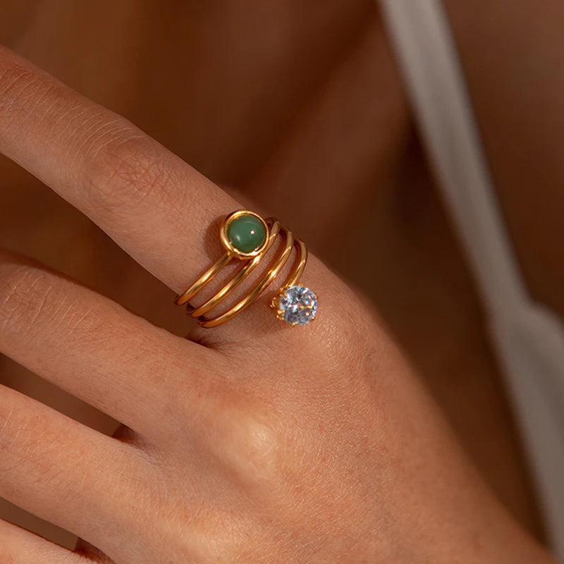 ANENJERY 316L Stainless Steel Turquoise Zircon Hollow Open Multi Layered Ring for Women Vintage Niche Jewelry Gifts Wholesale