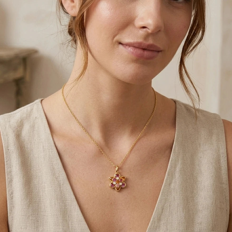 Ladies Gold Plated Floral Pendant Necklace with Multi-Color Cubic Zirconia Elegant Jewelry for Daily Commute Parties Gifts