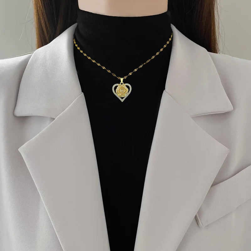 Unique Heart CZ Rose Flower Design Women's Pendant Necklace Aesthetic Bridal Wedding Accessories Gift for Mother's Day New