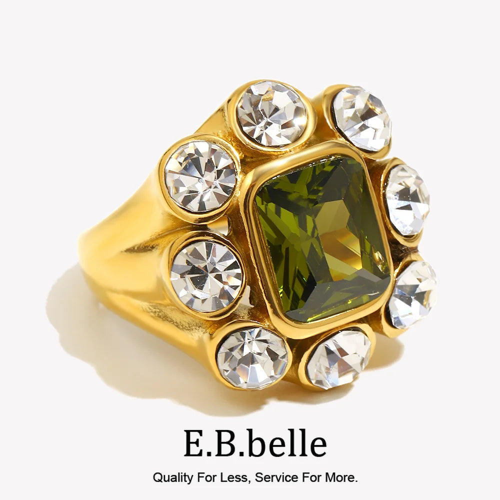 E.B.belle Party Shiny Flower Luxury Clear Green Zircon Ring Stainless Steel PVD Plated Fashion Women Stetement Jewelry