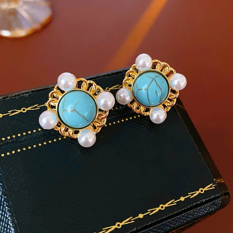 NISHIZAWA Pearls Stud Earrings for Women Geometric Sweet Korean Fashion Jewelry Elegant Vintage Simple Aretes De Mujer