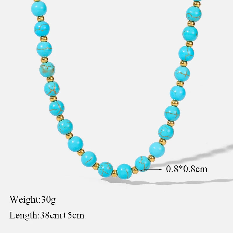 EILIECK 316L Stainless Steel Green Stone Necklaces Irregular Bead String Necklace Fashion Women's Vacation Jewelry Chain Chokers
