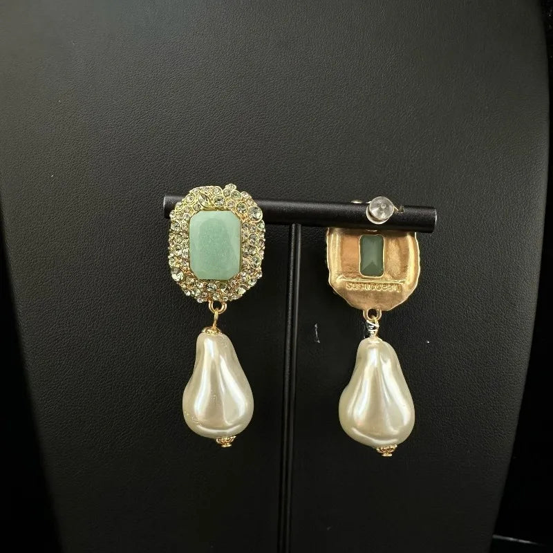 Pearls Women Earrings Green Geometric Vintage Palace Style Jewelry Light Luxury Elegant Dinner Party Pendientes Mujer
