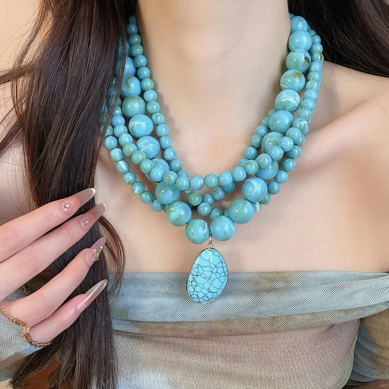 Multilayer Acrylic Beaded Necklaces Geometric Heart Pendant Turquoise Boho Vintage Ethnic Chokers Collarbone Chain Women Jewelry