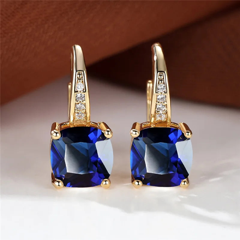 Blue Zircon Square Stone Luxury Crystal Rainbow Hoop Earrings Boho Gold Color Engagement Wedding Jewelry For Women