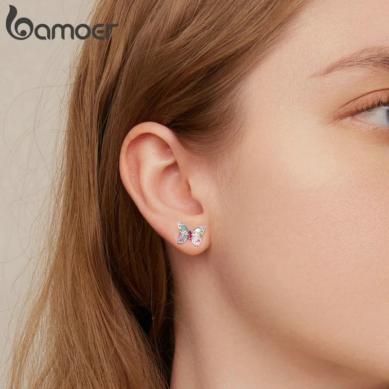 Bamoer 925 Sterling Silver Colorful Zircon Butterfly Stud Earrings for Women Birthday Party Fashion Fine Jewelry BSE807