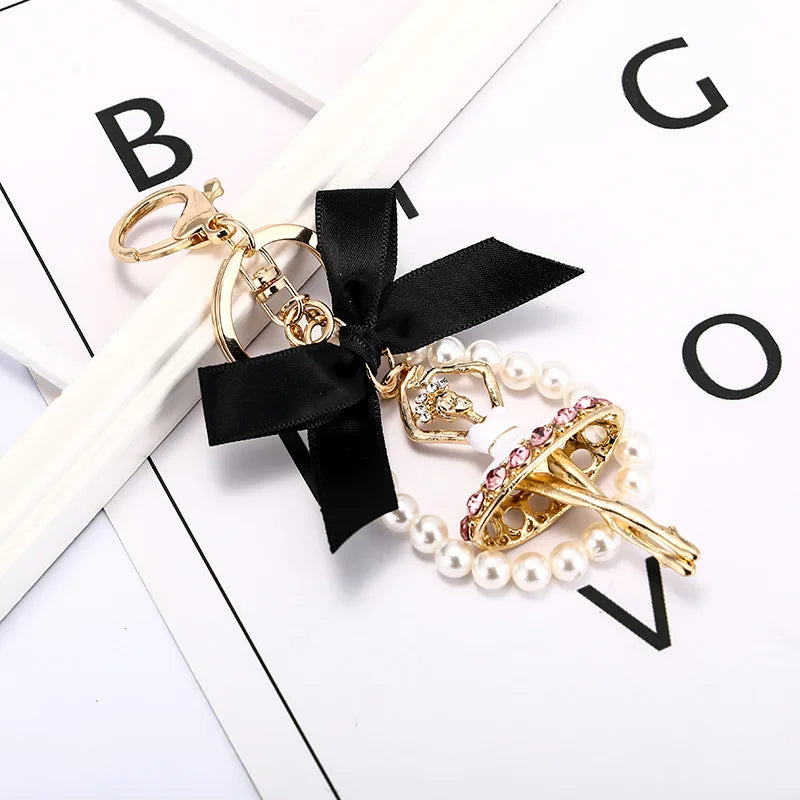 Crystal Delicate Bow Pearl Ballerina Girl Key Chain Pendant Rhinestone Women Handbag Car Key Chains Beautiful Girls Bag Pendant