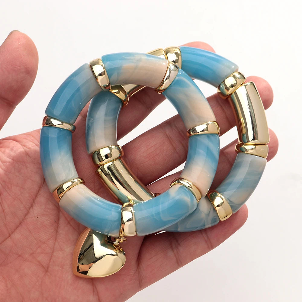 New Acrylic Thick Tube Bead Bracelets Set Fashion Geometric Bamboo Beaded Bangle Bracelets Jewelry Gifts Accessory