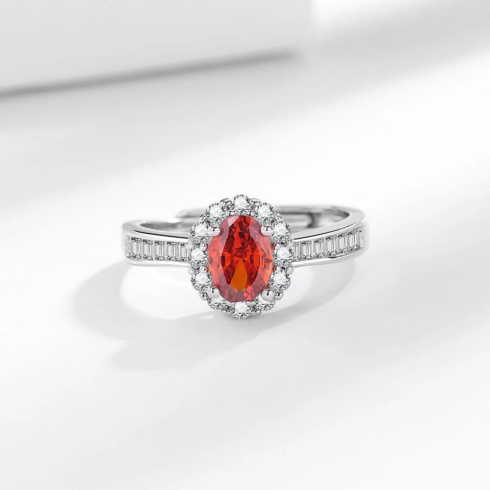 925 Sterling Silver Oval Zircon Halo Ring - Adjustable Fit, Classic Luxury Jewelry for Women, Elegant Wedding & Party Accessory