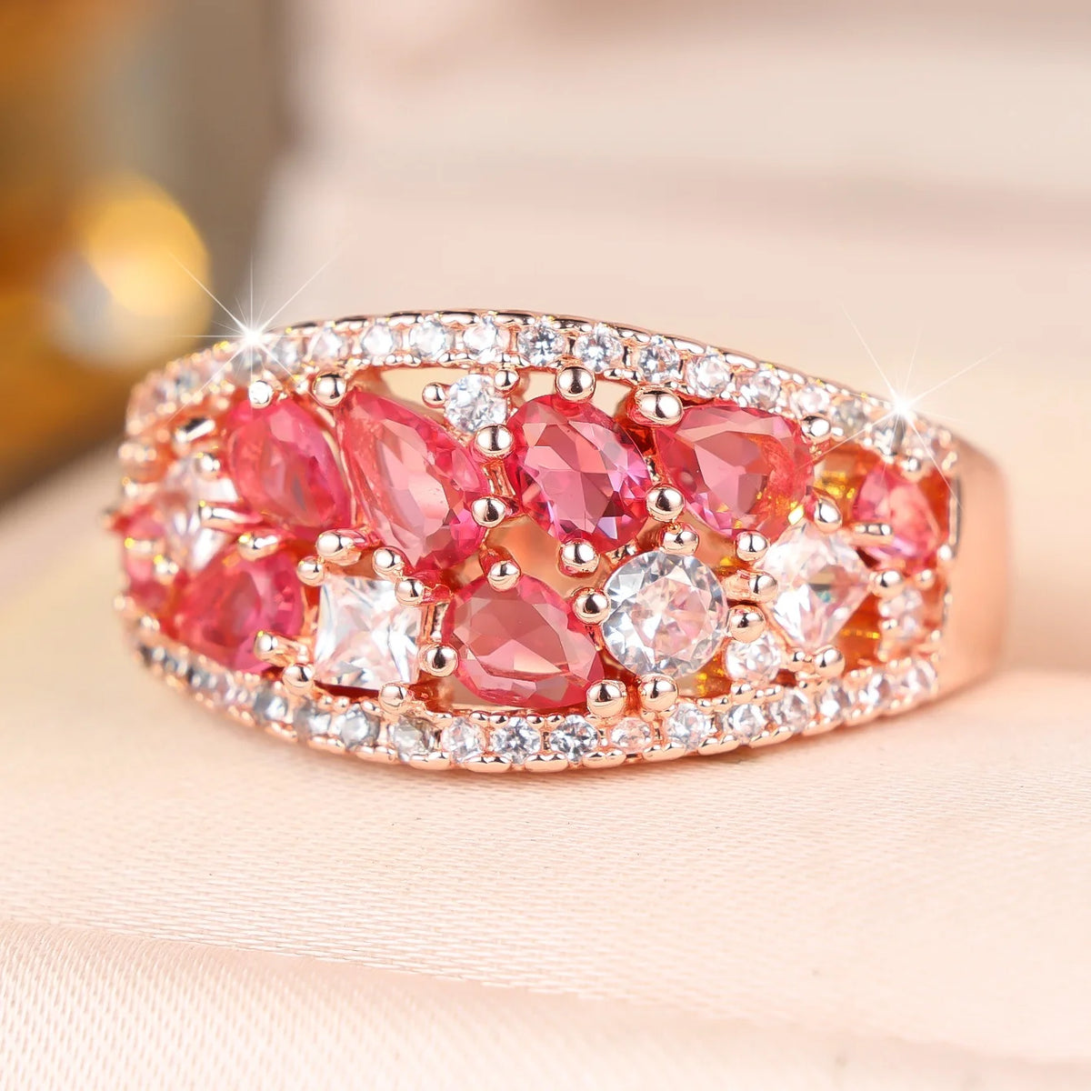Small Charm Female Red Rose Zircon Stone Round Ring Gold Color Wedding Jewelry For Women
