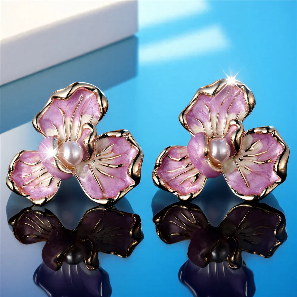 Cute Female White Pearl Purple Enamel Gold Color Flower Stud Earrings Lovely Bridal Wedding Jewelry For Women