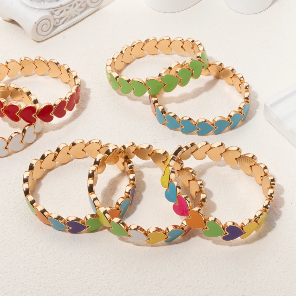 BEUTIFOR Drop Oil Love Shape Beaded Elastic Bracelets For Women Colorful Boho Beads Chunky Peach Love Wrist Accessory