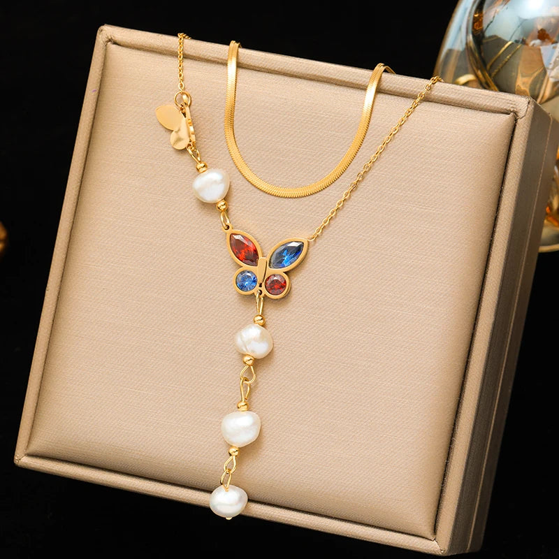 EILIECK 316L Stainless Steel Colorful Heart Love Zircon Pendant Necklace For Women Fashion 2 IN 1 Neck Chain Jewelry Gift collar