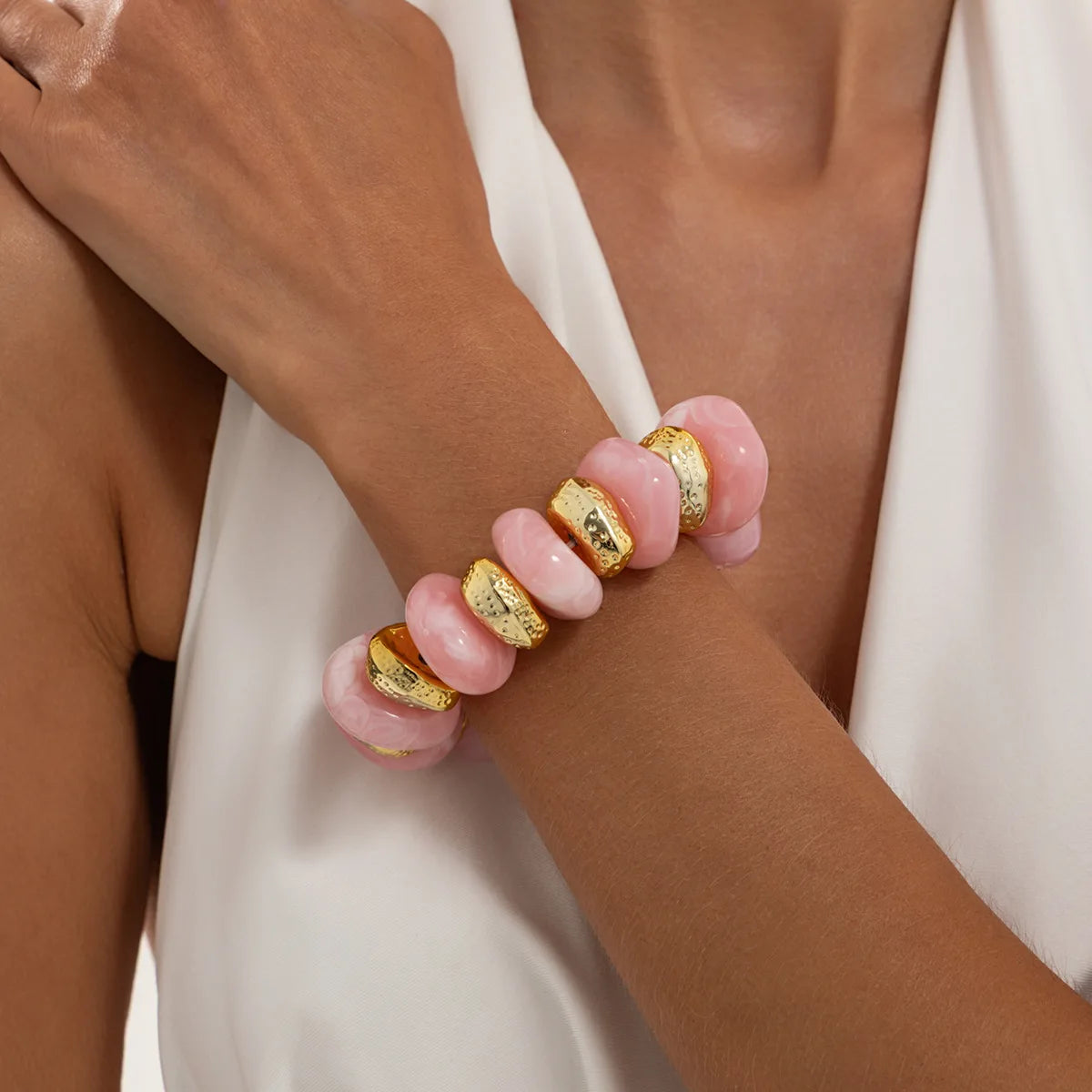 KMVEXO Bohemian Colorful Acrylic Beads Bracelet for Women New Trendy Resin Flat Round Elastic Bangles Statement Jewelry Gift