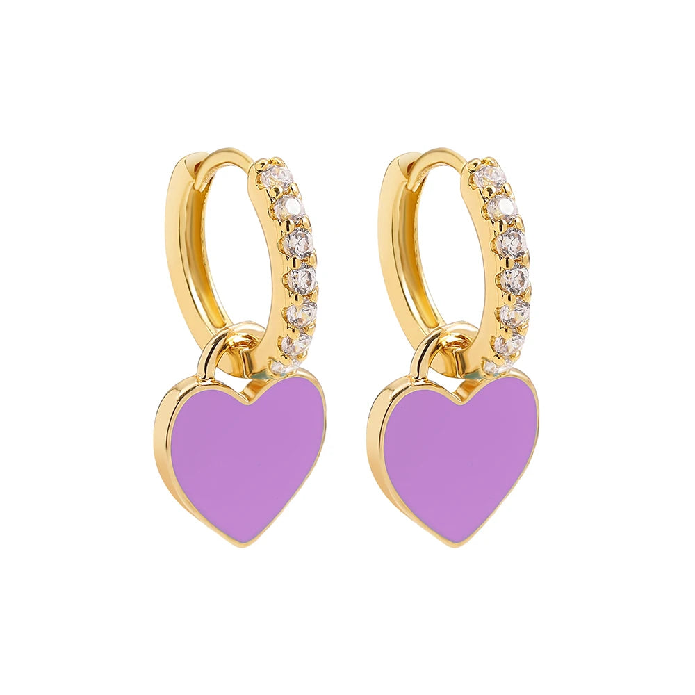 New Trendy Rhinestone Small Circle Hoops with Cute Candy Neon Color Heart Hanging Earrings for Women Gold Plated Huggies Jewelry