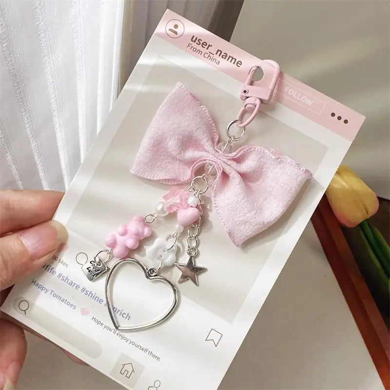 Cute Sweet Bow Bear Heart Keychain Pendants Star Charm Phone Chain Backpack Decoration Keyring Girly Bag Hanging Ornaments Gifts