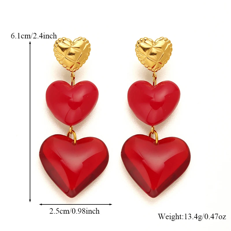EILIECK 1pair New Stainless Steel Elegant Red Heart-Shaped Pendant Earrings For Women Fashion Ear Stud Waterproof Jewelry Gift