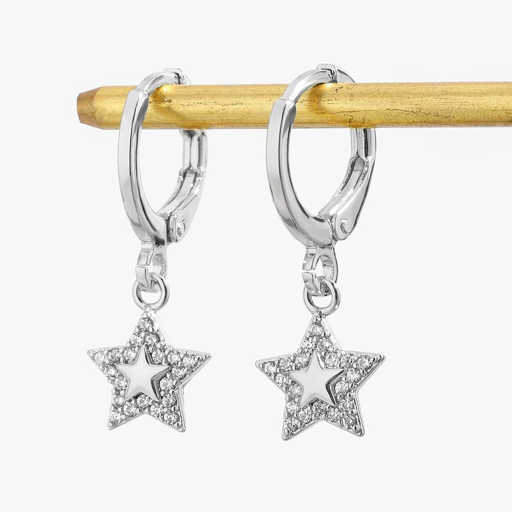Small Star White Zircon Stone Trendy Hoop Earrings Charm Cute Female Silver Gold Color Wedding Jewelry For Women