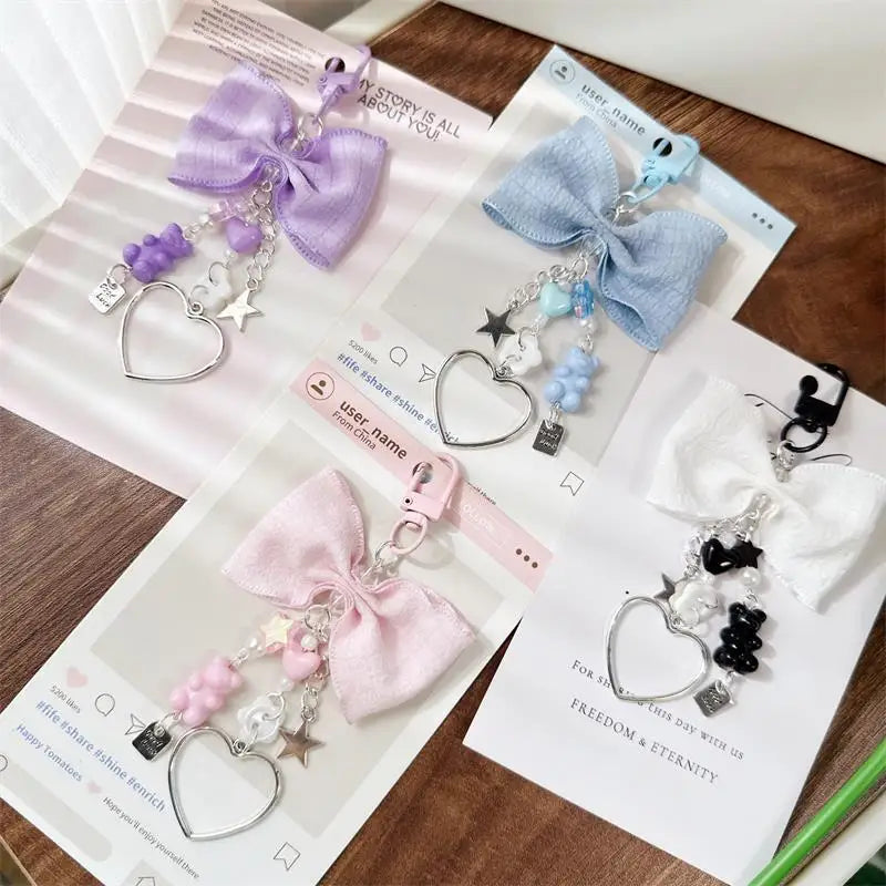Cute Sweet Bow Bear Heart Keychain Pendants Star Charm Phone Chain Backpack Decoration Keyring Girly Bag Hanging Ornaments Gifts