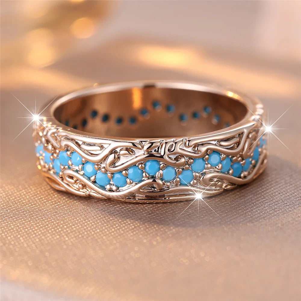 Cute Female Blue Round Stone Ring Novelty Gold Color Party Jewelry For Women