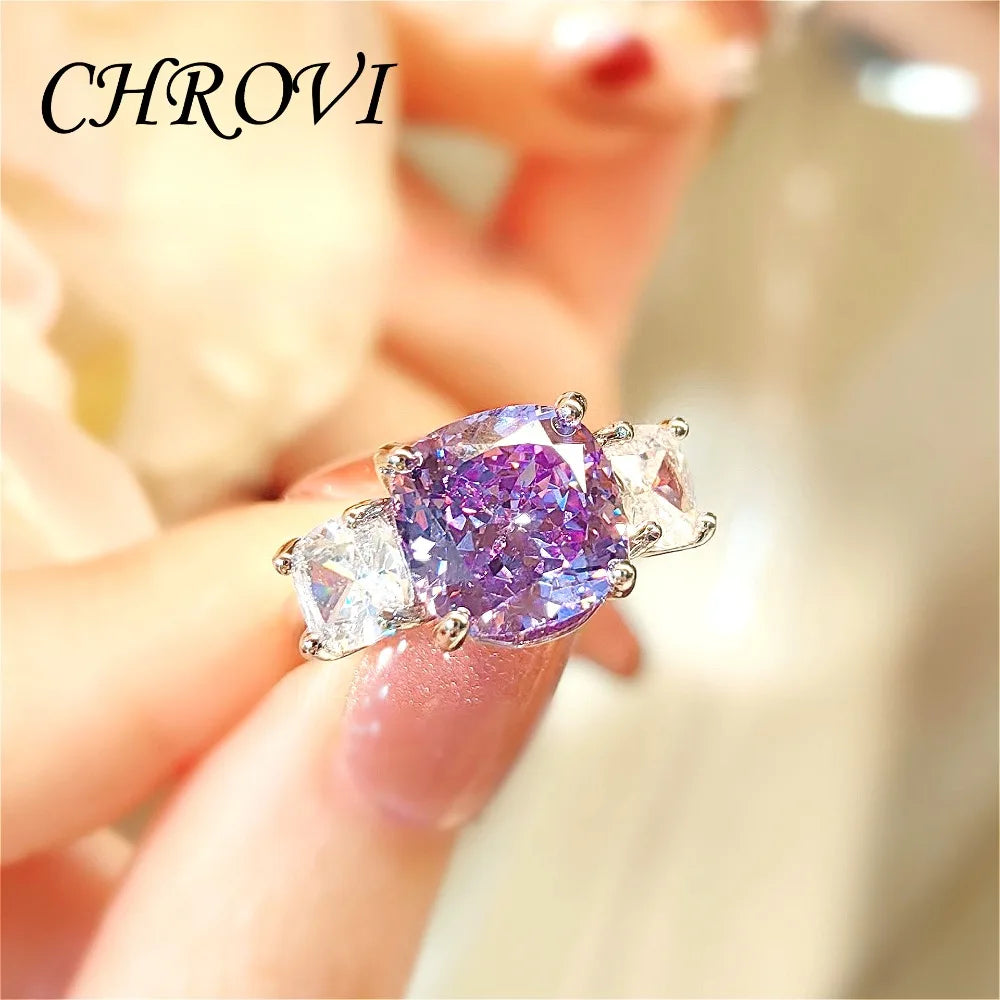 Fashion 925 Sterling Silver Pink Diamond Necklace with Purple Pendant, Stud Earrings, Ring, and Coloured Gemstone Set for Women