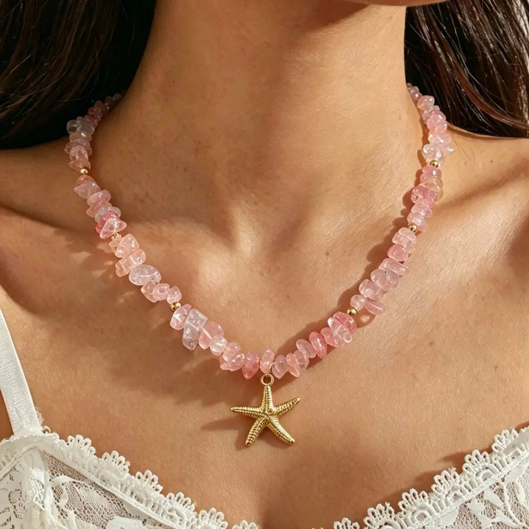Boho Beach Vacation Starfish Necklace Set for Women Natural Chip Stone Beads Pink White Colorful Summer Y2K Trendy Fashion Jewel
