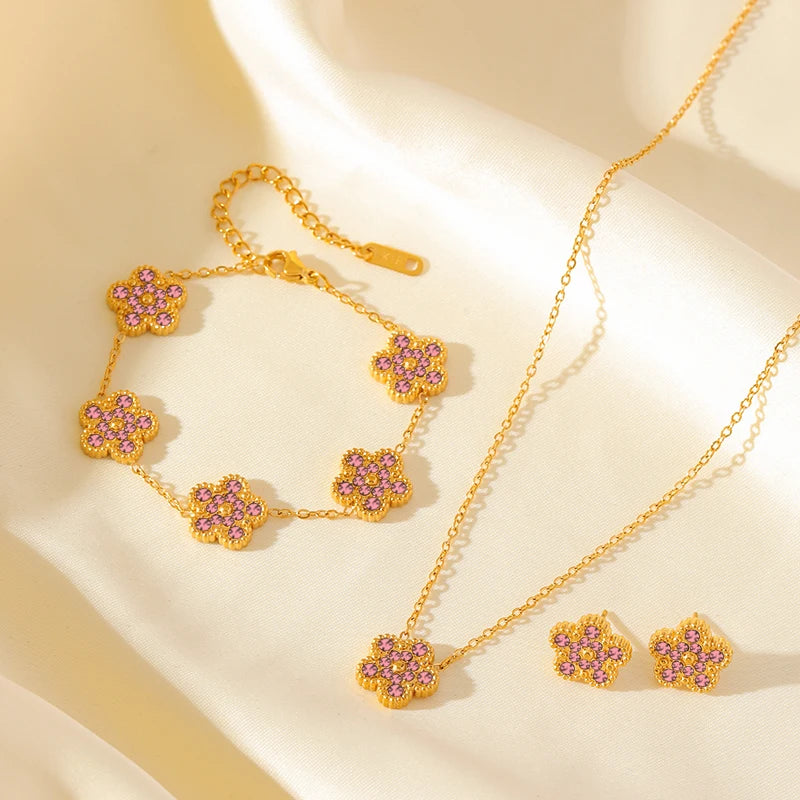 EILIECK New Fashion Stainless Steel Pink Zircon Clover Necklace Bracelet Earrings Set For Women Trendy Flower Jewelry Set Gift