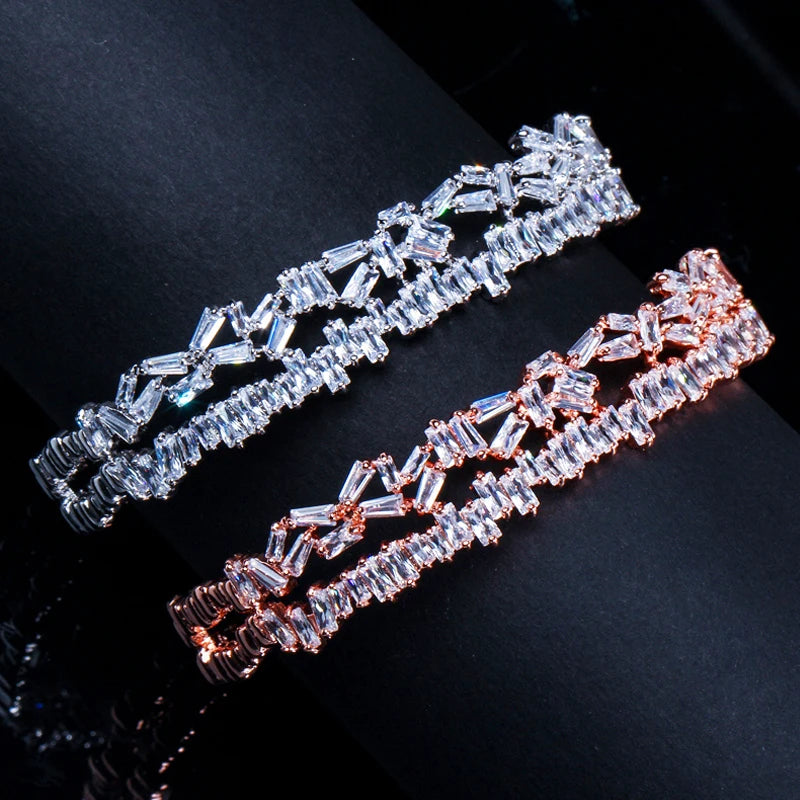ThreeGrace Fashion Sparkling Cubic Zirconia Adjustable Size Bangle Ring Set for Women New Trendy Wedding Party Jewelry JS538