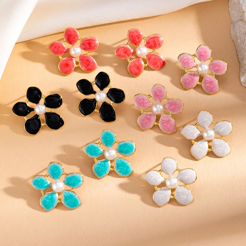 ANENJERY 316L Stainless Steel Flowers Imitating Pearls Stud Earrings For Women Luxury Niche Temperament Simple Jewelry Gift