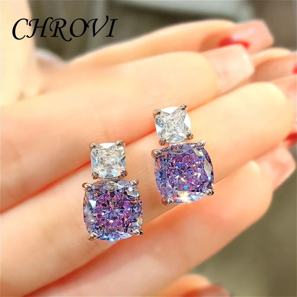 Fashion 925 Sterling Silver Pink Diamond Necklace with Purple Pendant, Stud Earrings, Ring, and Coloured Gemstone Set for Women