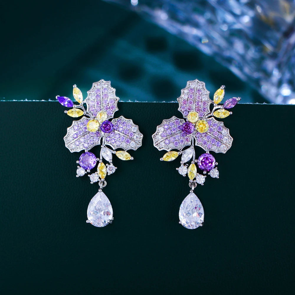 ThreeGraces Delicate Purple Yellow Zircon Long Flower Leaf Drop Earrings for Women Elegant Bridal Wedding Party Jewelry E1904