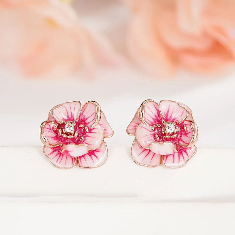 Huitan Aesthetic Women Stud Earrings Pink Flower Shaped Party Daily Lady Accessories Wedding Elegant Trendy Jewelry with CZ