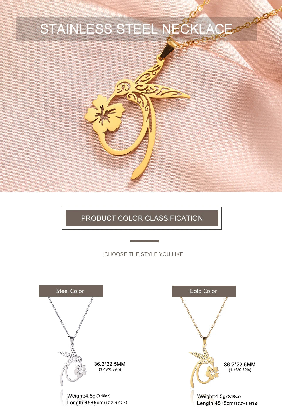 My Shape Hummingbird Flower Pendant Necklaces for Women  Bird Floral Stainless Steel Chain Choker Fashion Jewelry Gifts