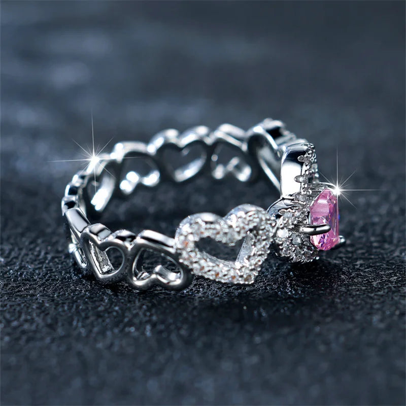 Luxury Female Pink Zircon Stone Ring Trendy Silver Color Heart Engagement Cute Bride Wedding Jewelry Gift For Women