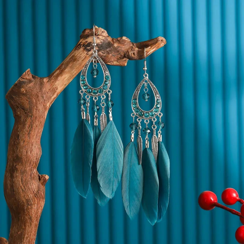 Bohemian Women Handmade Earrings For Female Colorful Long Feather Crystal Drop Tassel Dangle Earring Ladies Boho Jewelry Gift