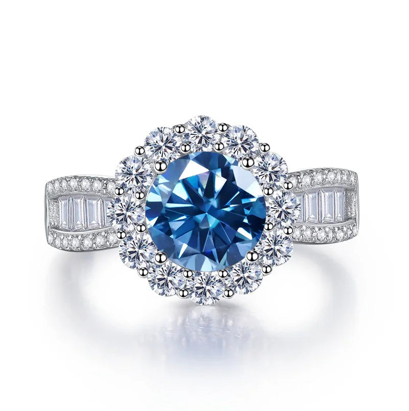 Round Shape 2 Carat Pink Royal Blue Color Moissanite Ring S925 Sterling Silver Women Engagement Luxury Wedding Dating Ring