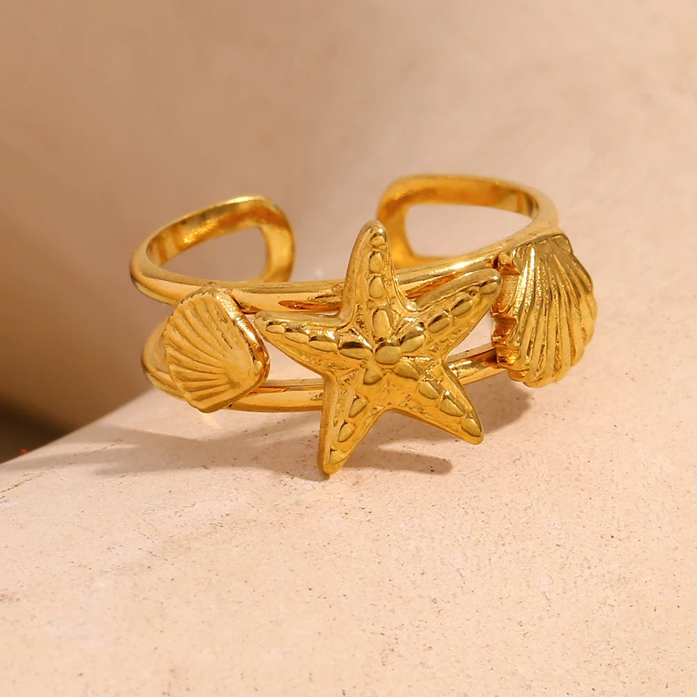 E.B.belle Ocean Style Double Layer Starfish Shell Opening Ring For Women Stainless Steel Gold Plated Vacation Chic Jewelry