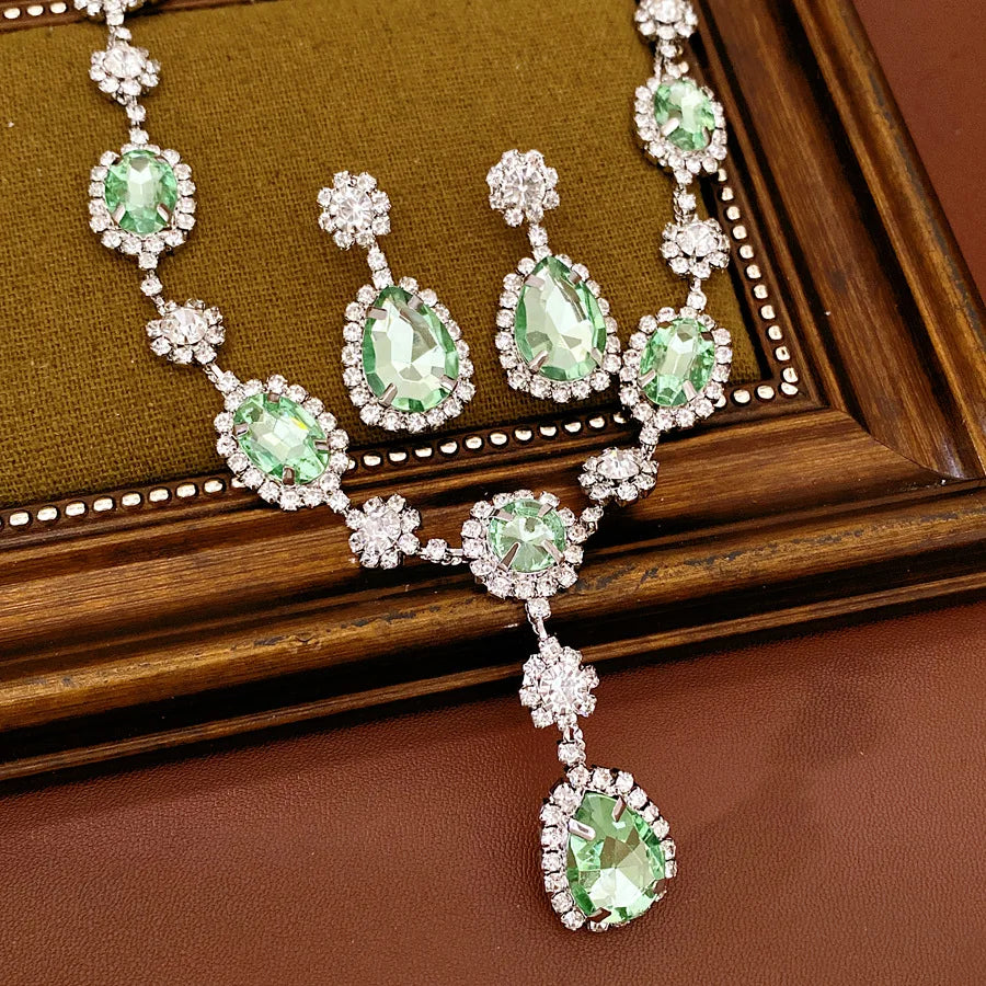 Shiny Cubic Zirconia Jewelry Set Women's Fashion Water Drop Teardrop Rhinestone Choker Necklace Dangle Earrings for Party K