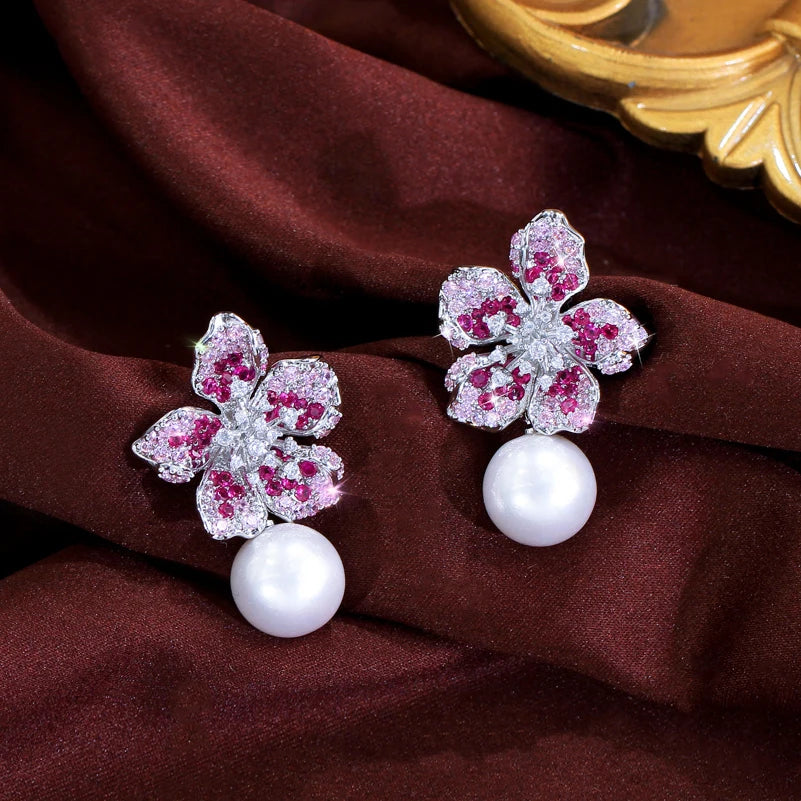ThreeGraces Gorgeous Shiny Pink Zirconia Big Simulated Pearl Long Flower Dangle Earrings for Women Bridal Party Jewelry  E2005