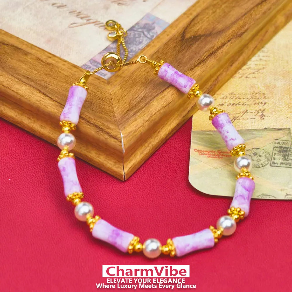 Dainty purple Stone Bamboo Beaded Bracelet for Women Golden Pearl Adjustable Drawstring Bracelet Wedding Party Jewelry Gift
