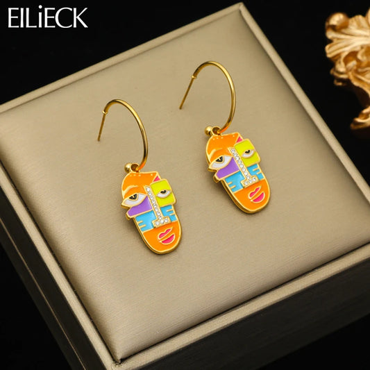 EILIECK 316L Stainless Steel Exaggerated Geometric Funny Face Drop Earrings For Women Girl Fashion Waterproof Ear Jewelry Gift