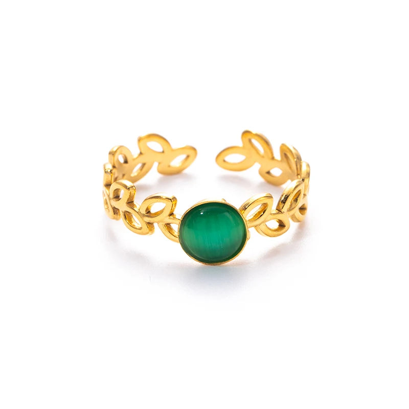 ANENJERY 316L Stainless Steel Hollow Leaf Colorful Stone Open Ring for Women Men Simple Jewelry Gifts Daily Wholesale