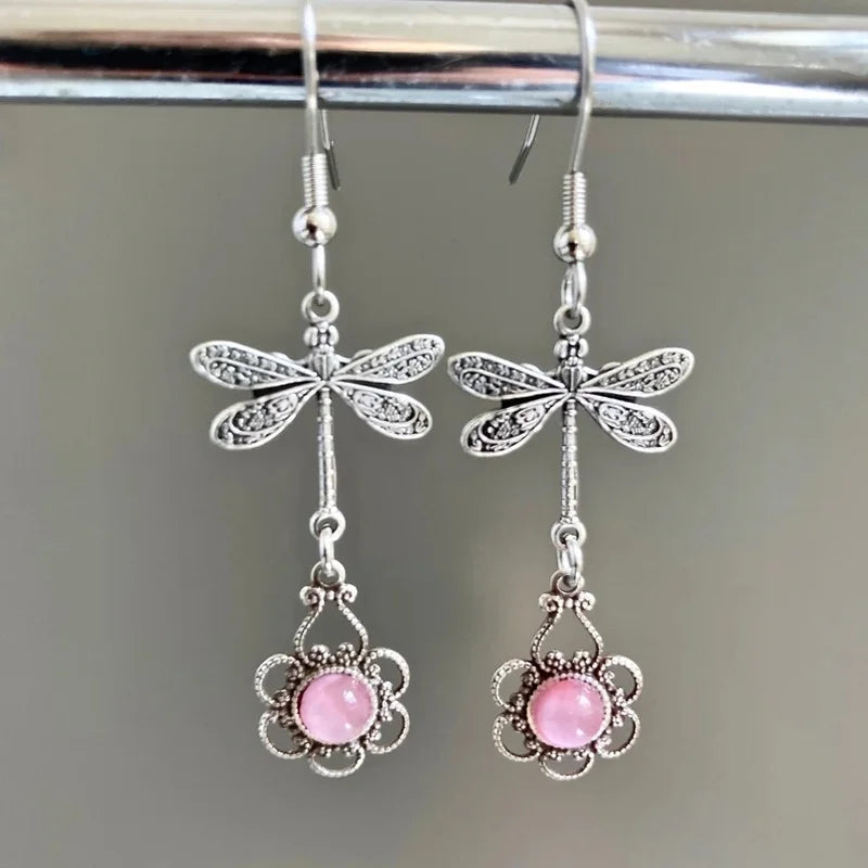 Vintage Retro Bohemian Geometric Pink Stone Dragonfly Drop Earrings for Women Fashionable Boho Ethnic Style Flower Party Jewelry