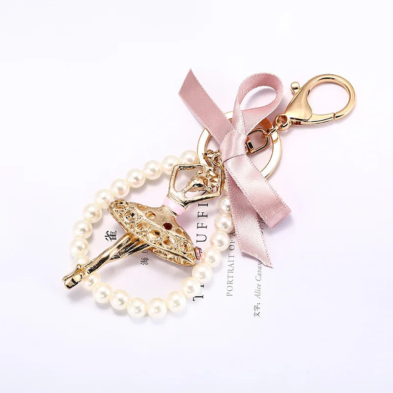 Crystal Delicate Bow Pearl Ballerina Girl Key Chain Pendant Rhinestone Women Handbag Car Key Chains Beautiful Girls Bag Pendant