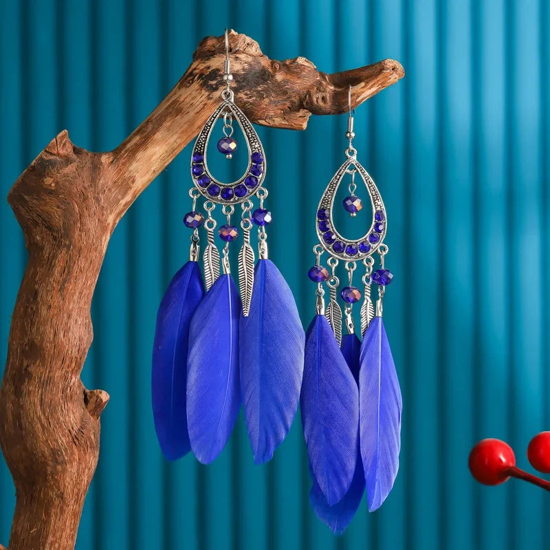 Bohemian Women Handmade Earrings For Female Colorful Long Feather Crystal Drop Tassel Dangle Earring Ladies Boho Jewelry Gift