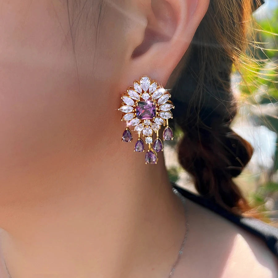 ThreeGraces Luxury Shining Purple White Zirconia Big Long Bridal Wedding Party Tassel Drop Earrings for Women Chic Jewelry E2009